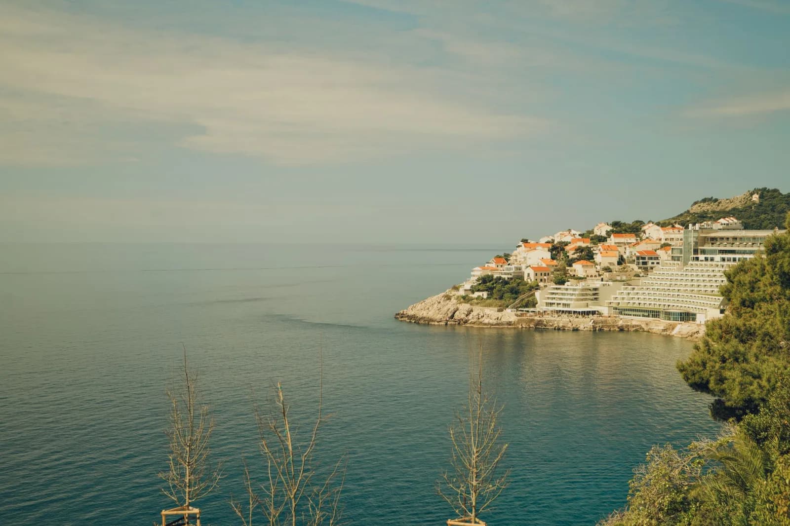 Côte rocheuse de la presqu'île de Babin Kuk à Dubrovnik, avec ses hôtels en terrasses et sa pinède au bord de l'Adriatique