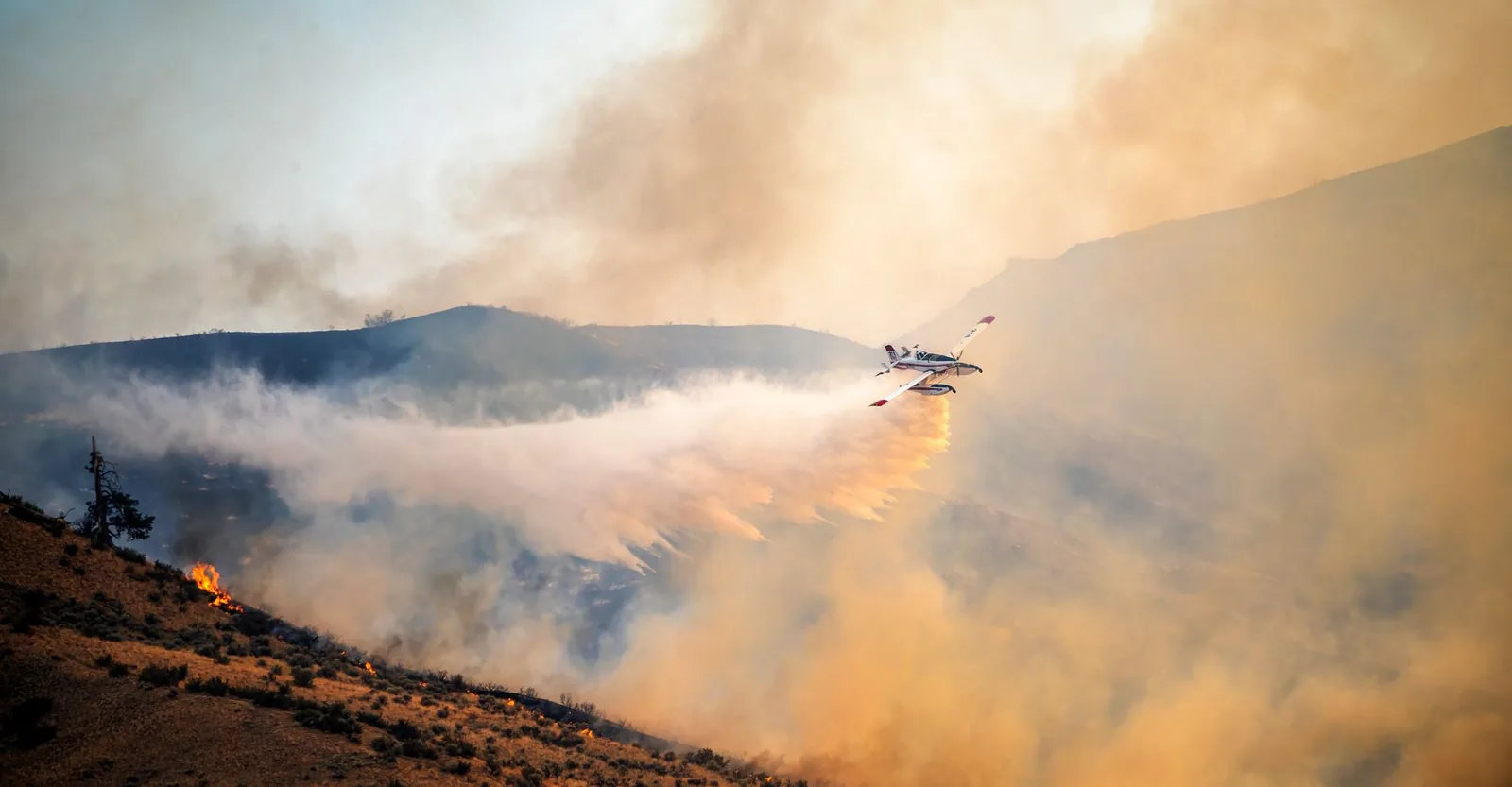 Avion bombardier d'eau larguant sur un feu de colline