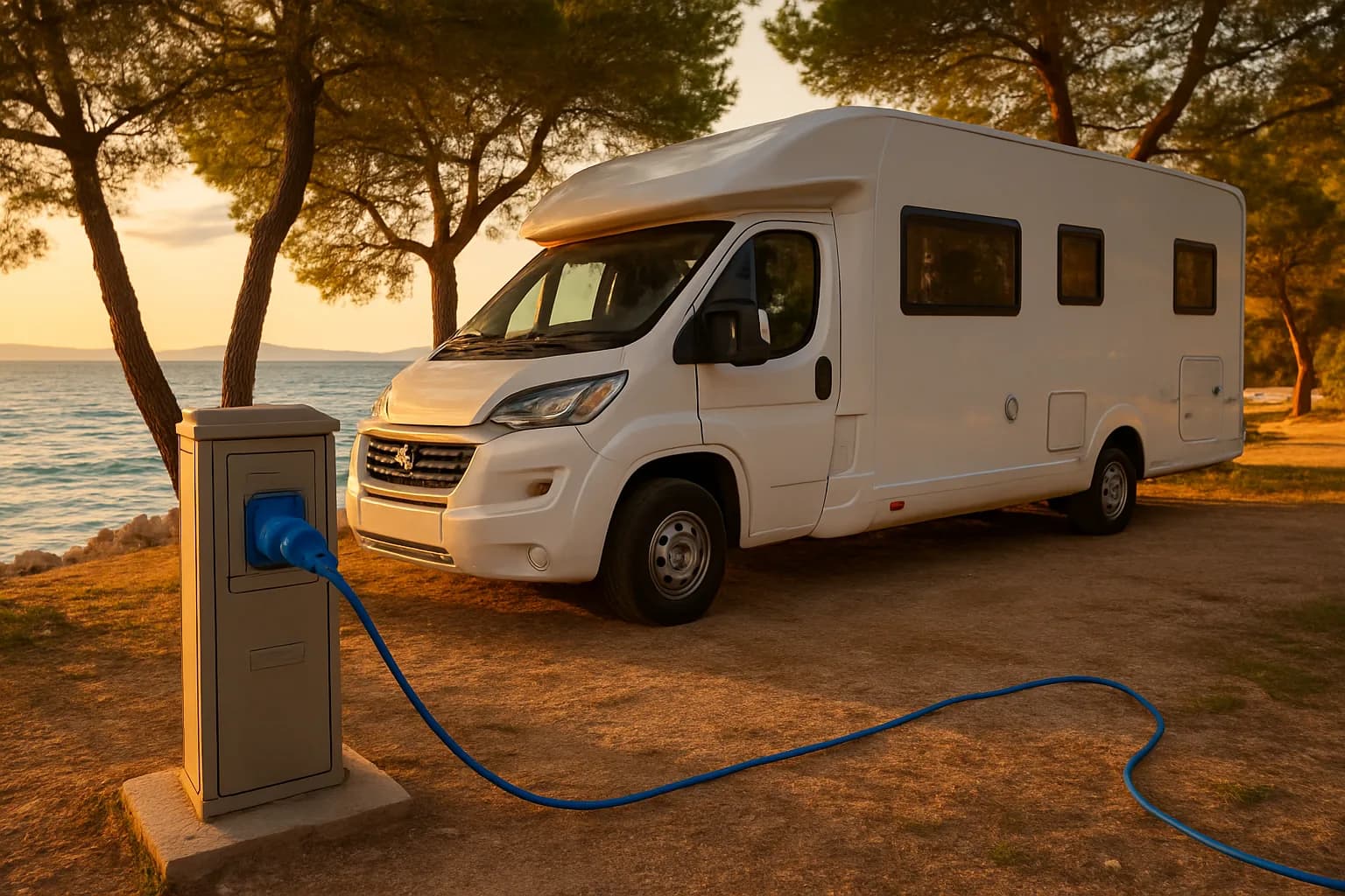 Camping-car blanc relié par un câble bleu à une borne électrique, sur un camping en bord de mer au coucher du soleil