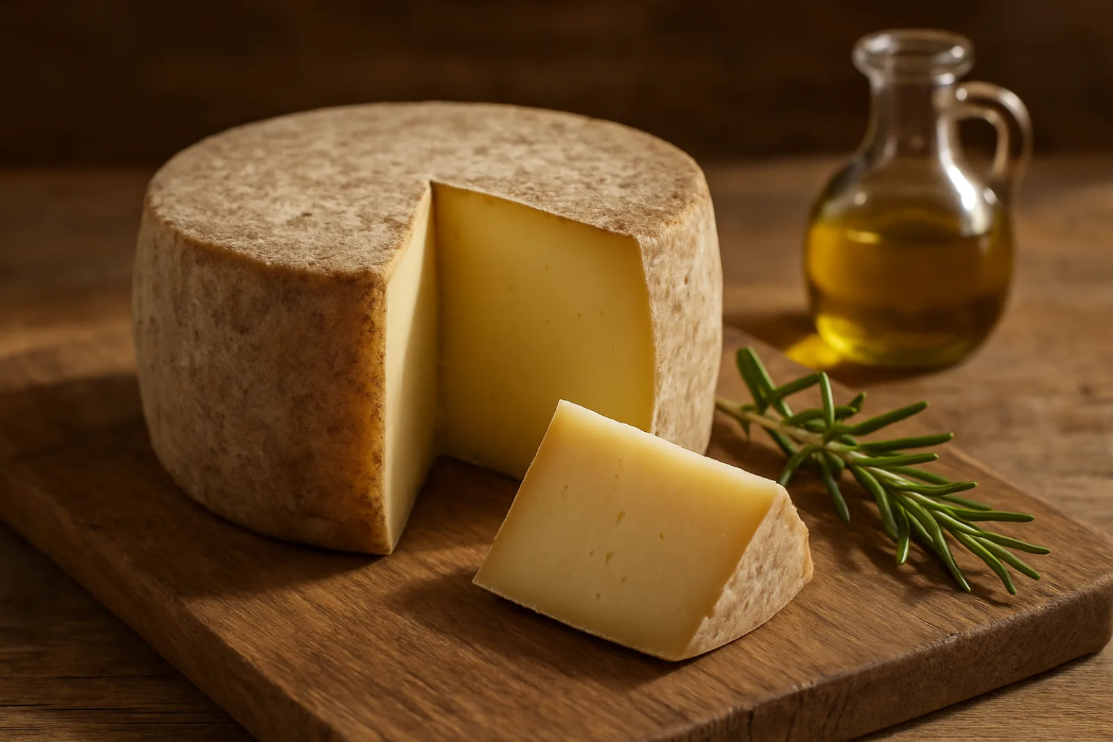 Une meule de fromage de brebis à pâte dure entamée, avec de l'huile d'olive et du romarin