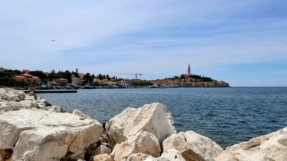 Rochers blancs du littoral de Rovinj avec le clocher de Sainte-Euphémie au loin