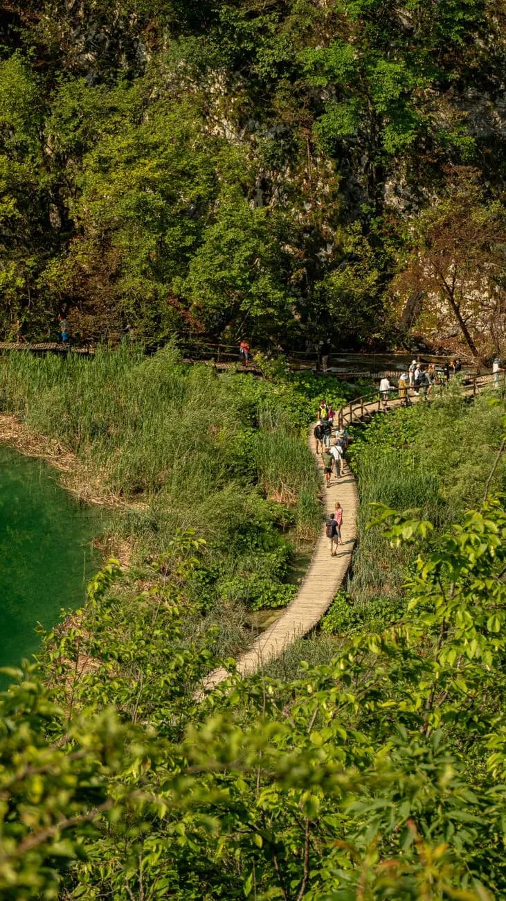 Visiteurs marchant sur les passerelles en bois au bord d'un lac vert à Plitvice
