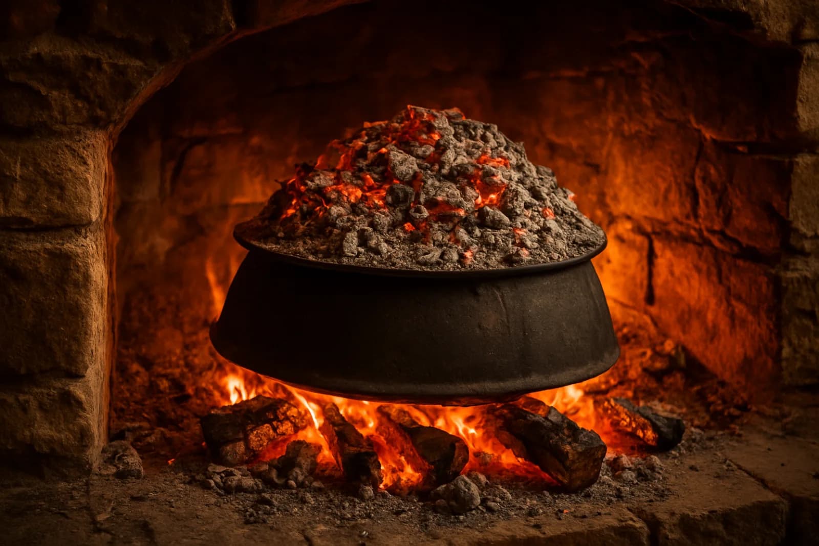 Une peka, cloche en fonte recouverte de braises, posée dans l'âtre d'une cheminée en pierre