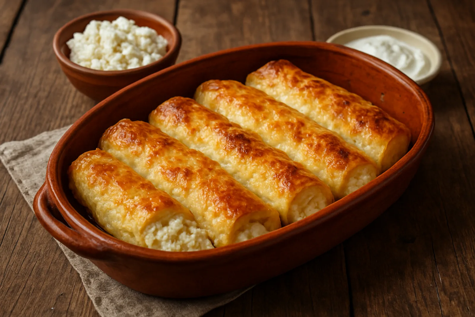 Des štrukli gratinés au fromage frais dans un plat en terre cuite