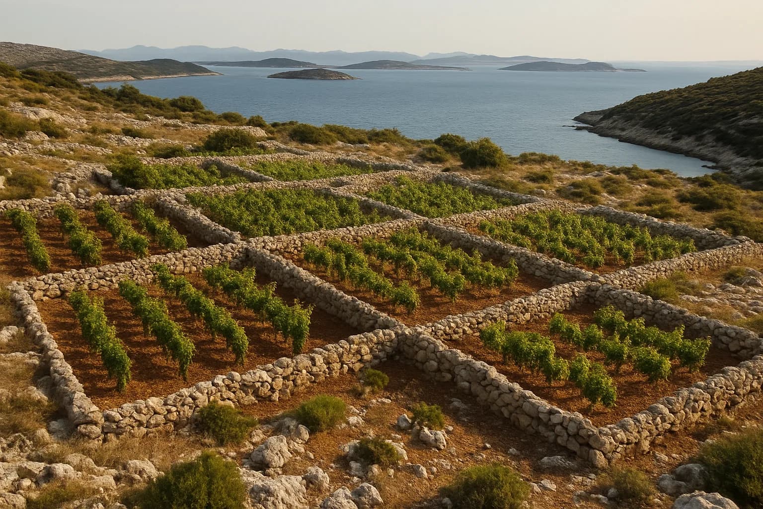 Parcelles de vigne entourées de murets de pierre sèche sur une colline côtière de Dalmatie, face à l'Adriatique